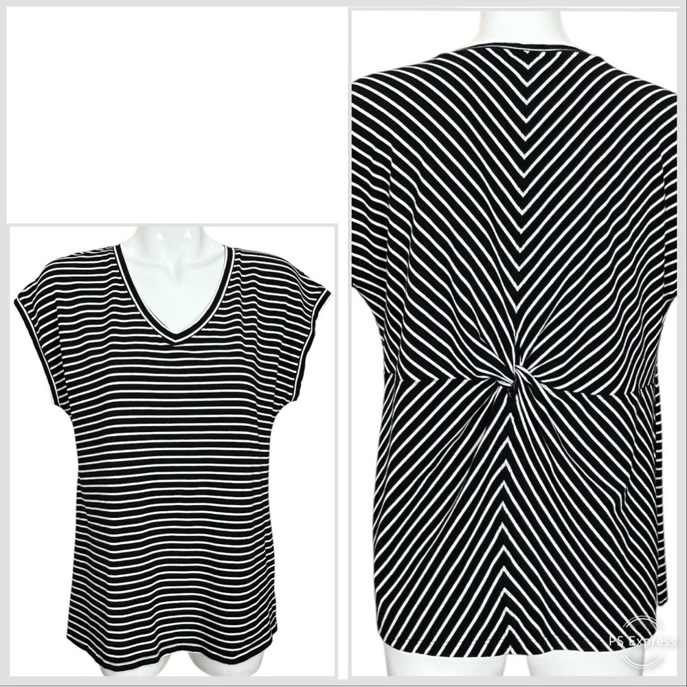 Chico’s Black and White Striped V Neck Cap Sleeve Twist Back Tee Size 2/Large